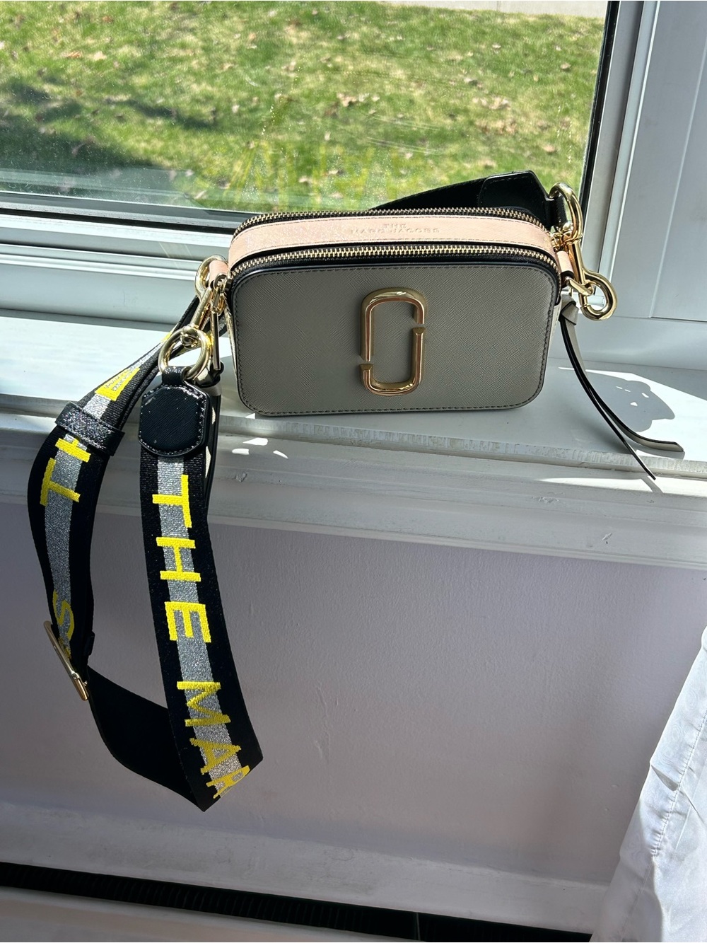 Marc Jacobs Gray Crossbody with Pink Trim and Black Strap